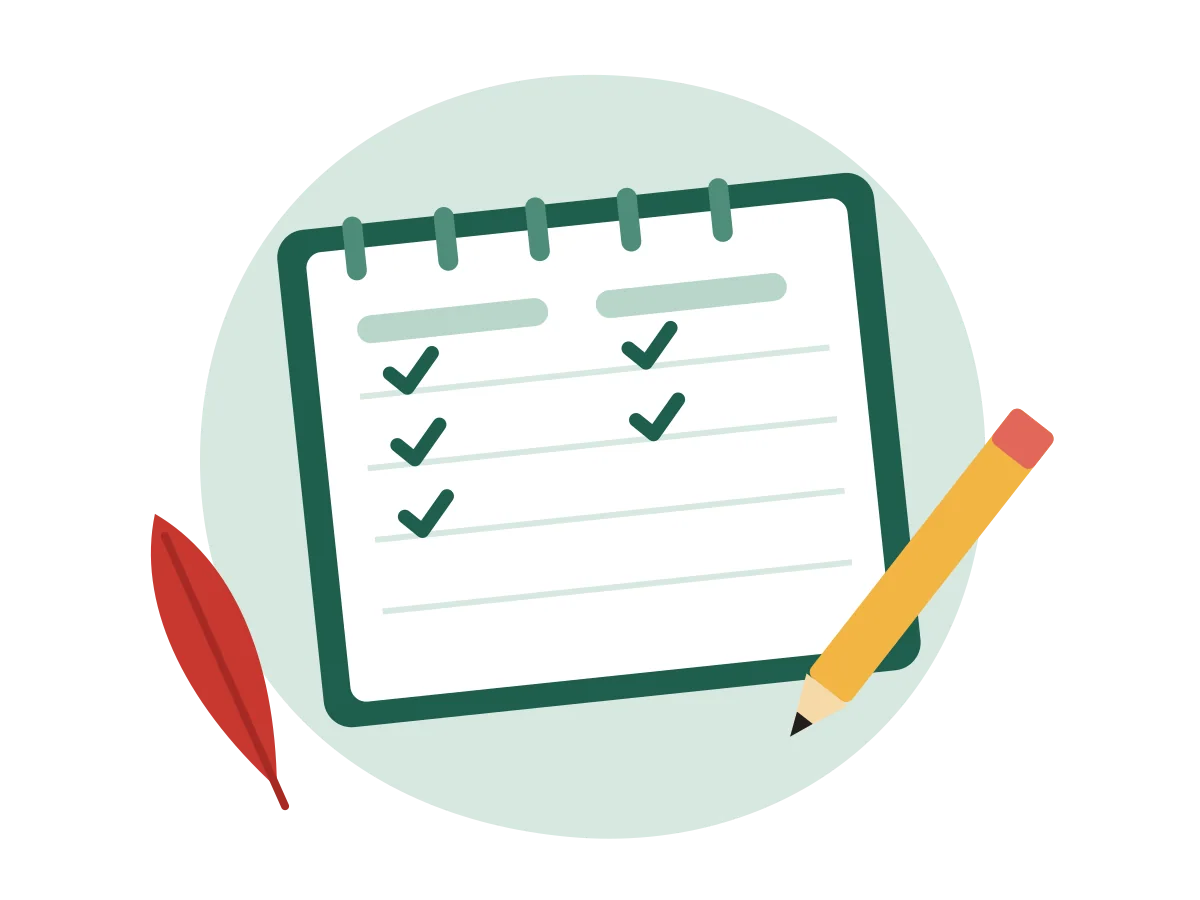 Illustration of a blood pressure log notebook with check marks and a pencil