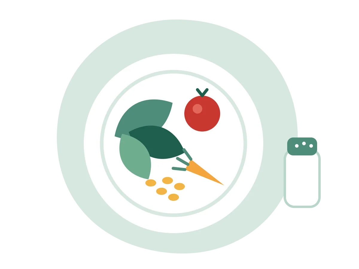 Illustration of a plate with greens, tomato, carrot and grains next to a salt shaker