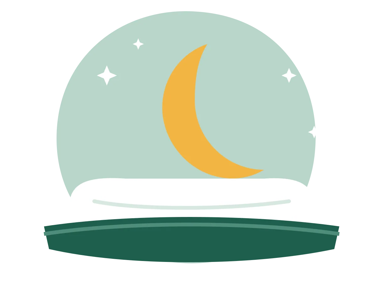 Illustration of a crescent moon and stars over a pillow and blanket