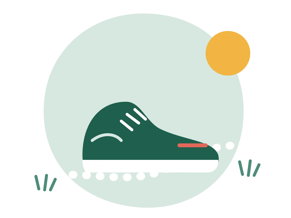 Illustration of a walking shoe on a dotted path under the sun