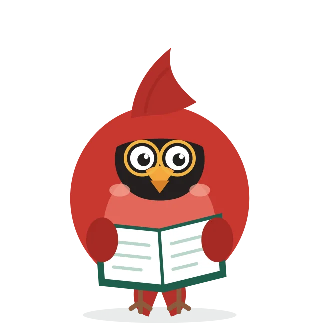 Remy the cardinal reading a notebook with glasses on